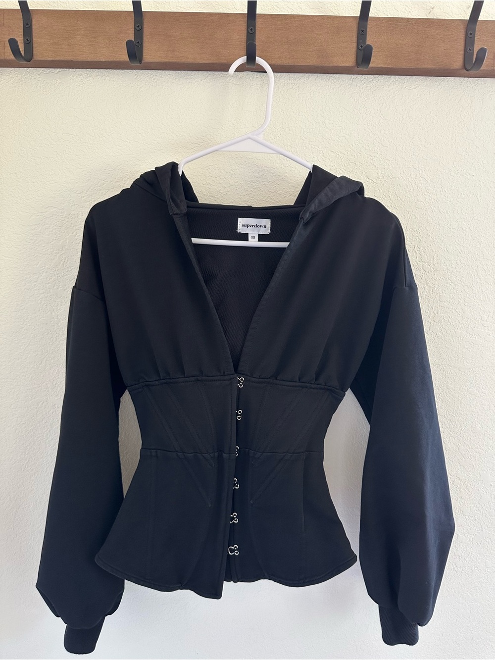 superdown Black Hooded Corset Jacket with Balloon Sleeves